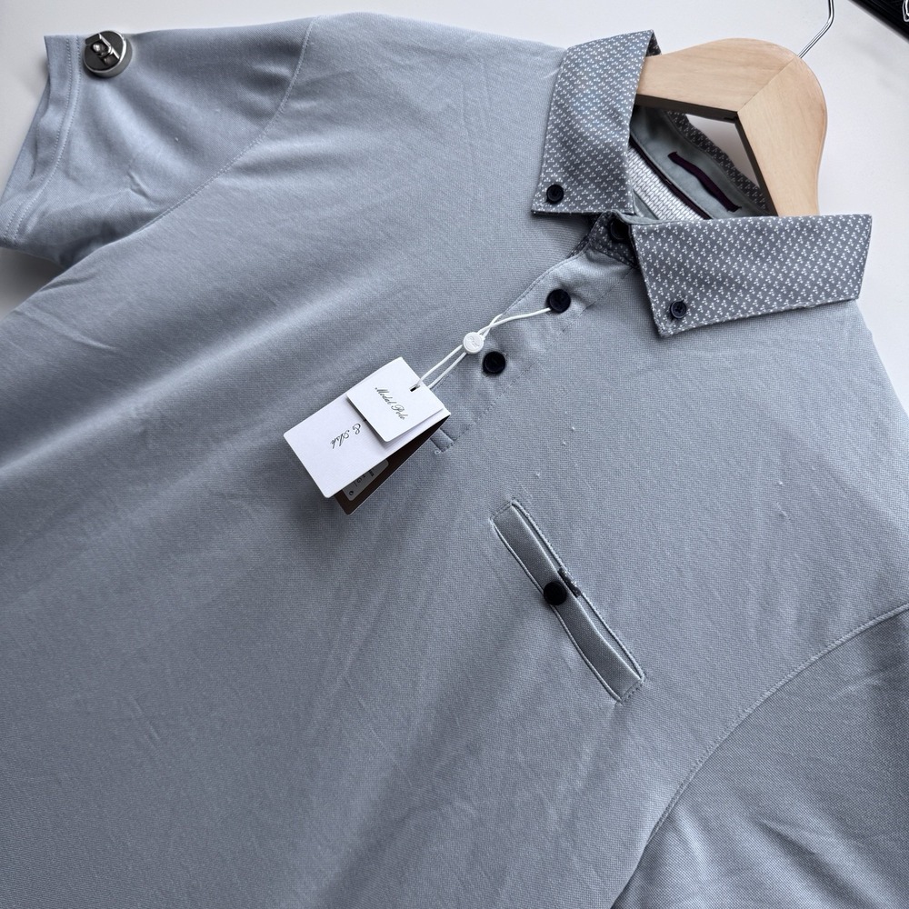 Porter & Ash Mens L Modal Blend Short Sleeve Polo Shirt Gray Contrast Collar NWT